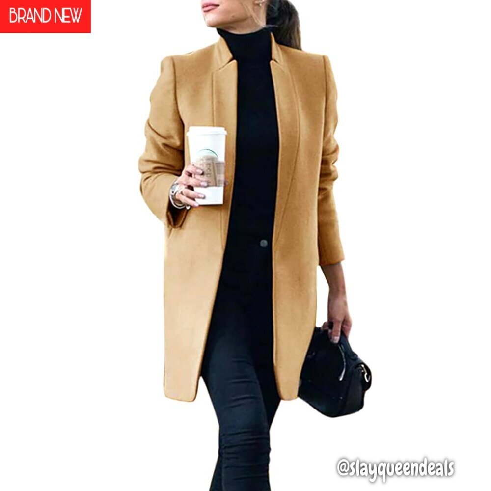 Womens Wool Peacoat Long Blazer Jacket with Pockets Fall Winter Coat
